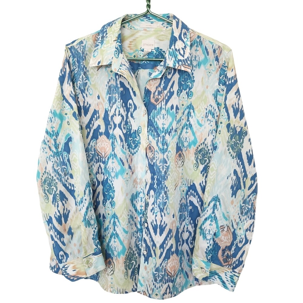 Chicos No Iron Ikat Print Button Front Roll Tab Shirt 3 Resort Vacation Coastal - Picture 2 of 6
